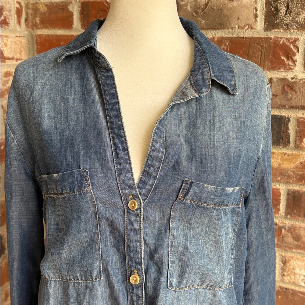 cloth & stone small Denim look collared shirt dress button down frayed pockets - Picture 2 of 15